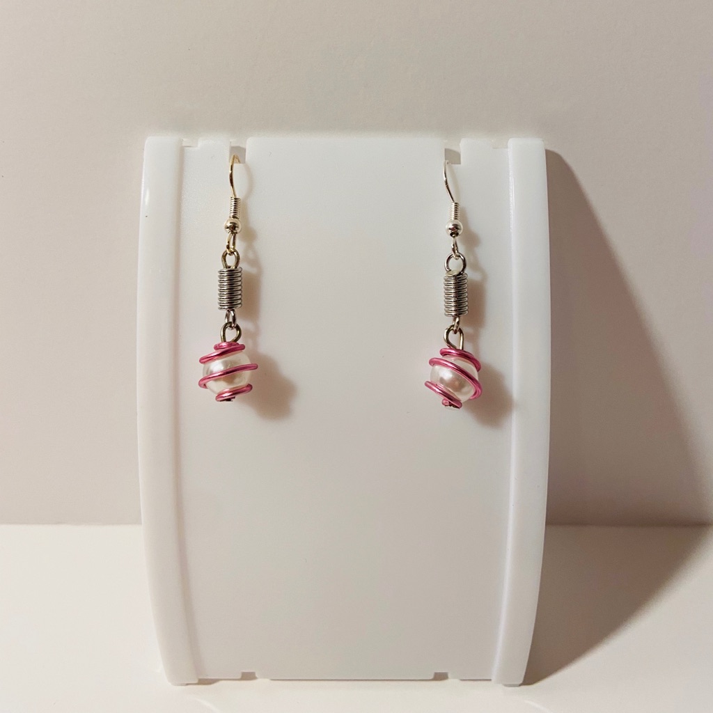 Silver Pink Wire Wrapped Earrings